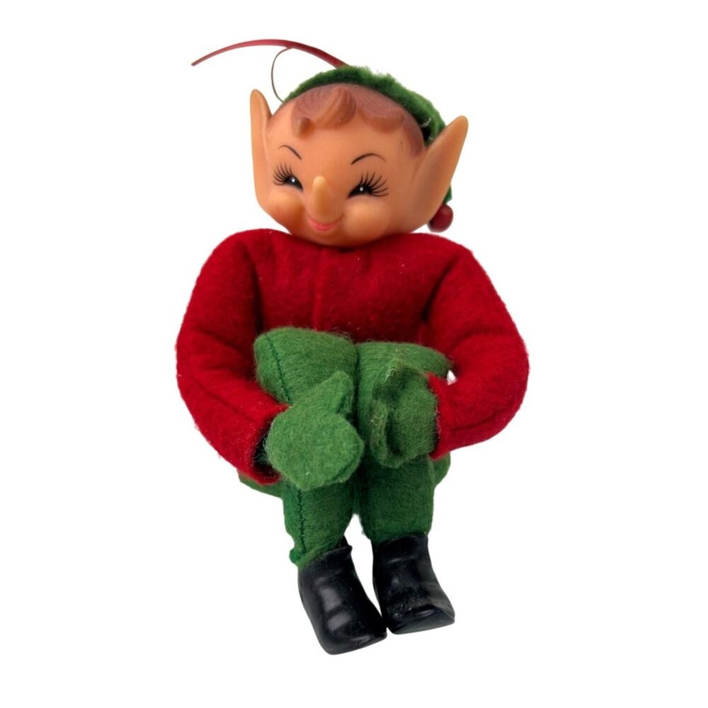 Vintage Rubber Face Elf Knee Hugger Felt Christmas Figure Pointy Nose Ears MCM